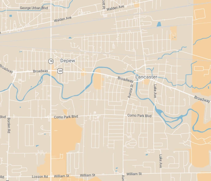 Map showing North Lawn Care service area covering Lancaster NY and Depew NY
